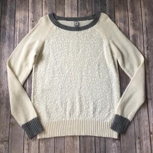 Sequin Sweater Top Women XL Cream Gray Long Sleeve Crew Neck Pullover Wool Blend